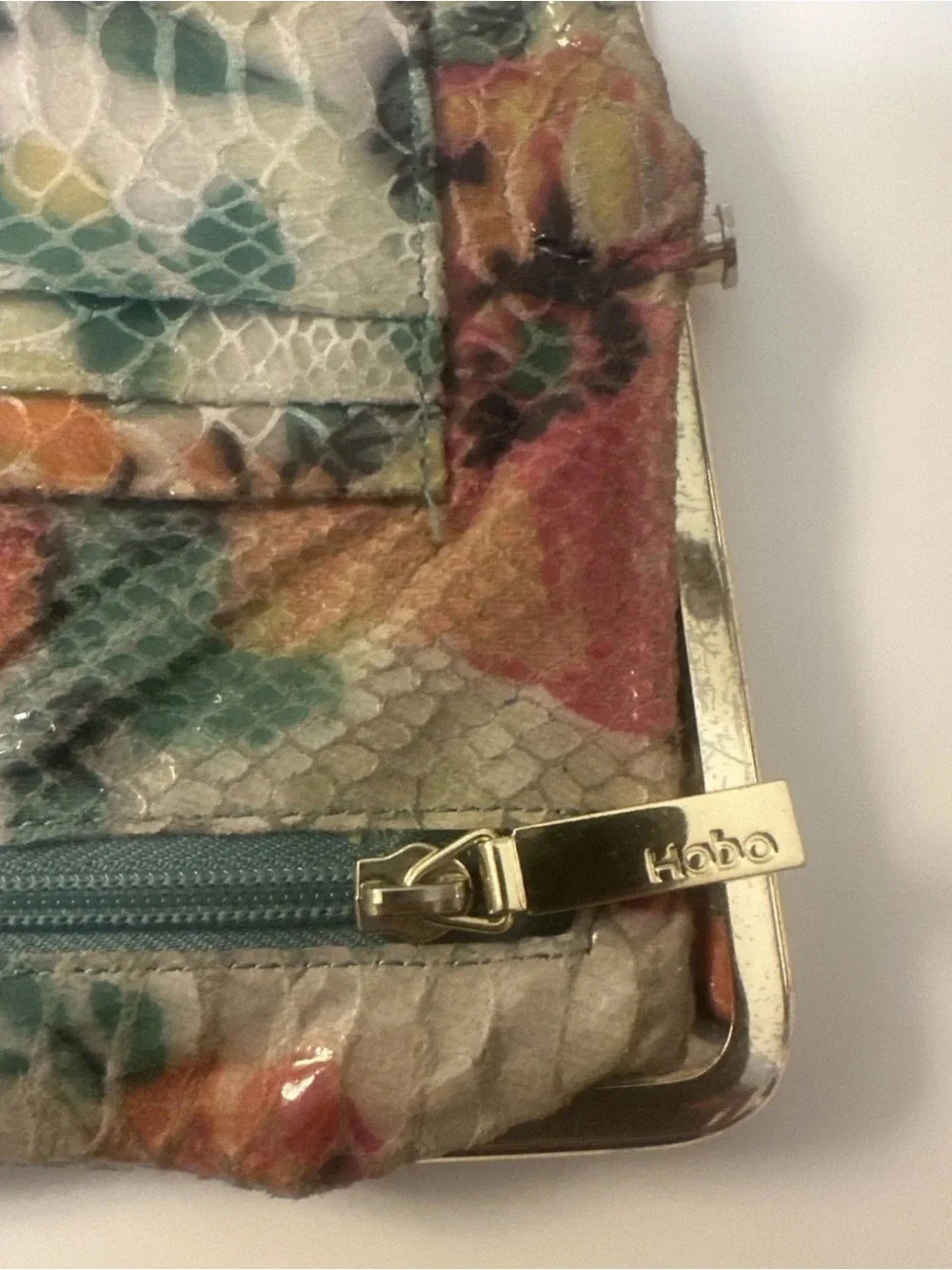 Hobo Vintage Lauren ClutchWallet Double Clasp Leather Snake Embossed Floral